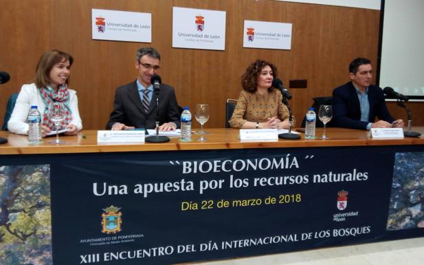 La alcaldesa de Ponferrada, (2D), el concejal de Medio Ambiente, el vicererector del Campus y la subdirectora de la EIAF, en la inauguración del XIII Encuentro del Día Internacional de los Bosques. /Carmen Ramos