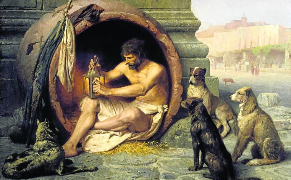 Imagen de Diógenes de Sinope, en su barril junto a los perros. /
