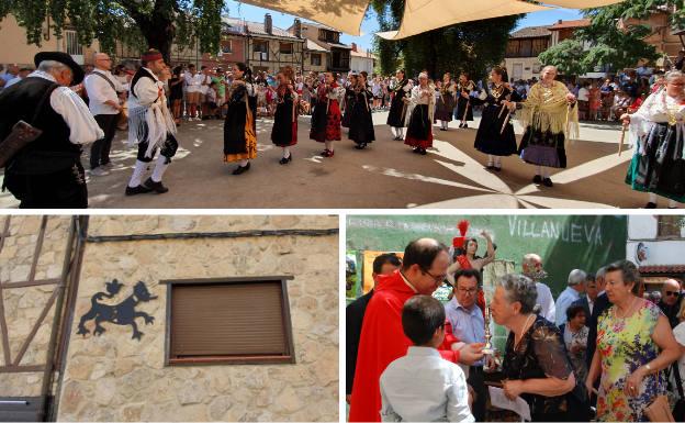 Arriba, bailes típicos durante el ofertorio a San Sebastián. Debajo, elemento de la ruta urbana basada en la iconografía del bordado popular y una vecina besando la reliquia del santo.